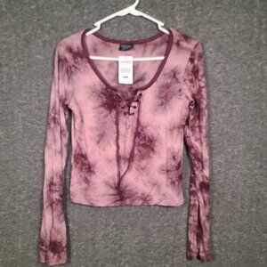 NWT Empyre Women's Medium Pink Tye-Dye Crop Top With Lace Up Front